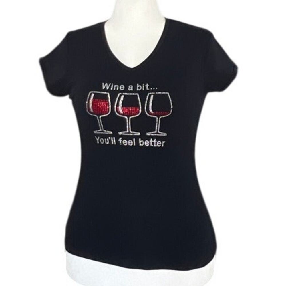 Bedazzled Rhinestoned "Wine a bit...You'll feel better" Black T-shirt Size M